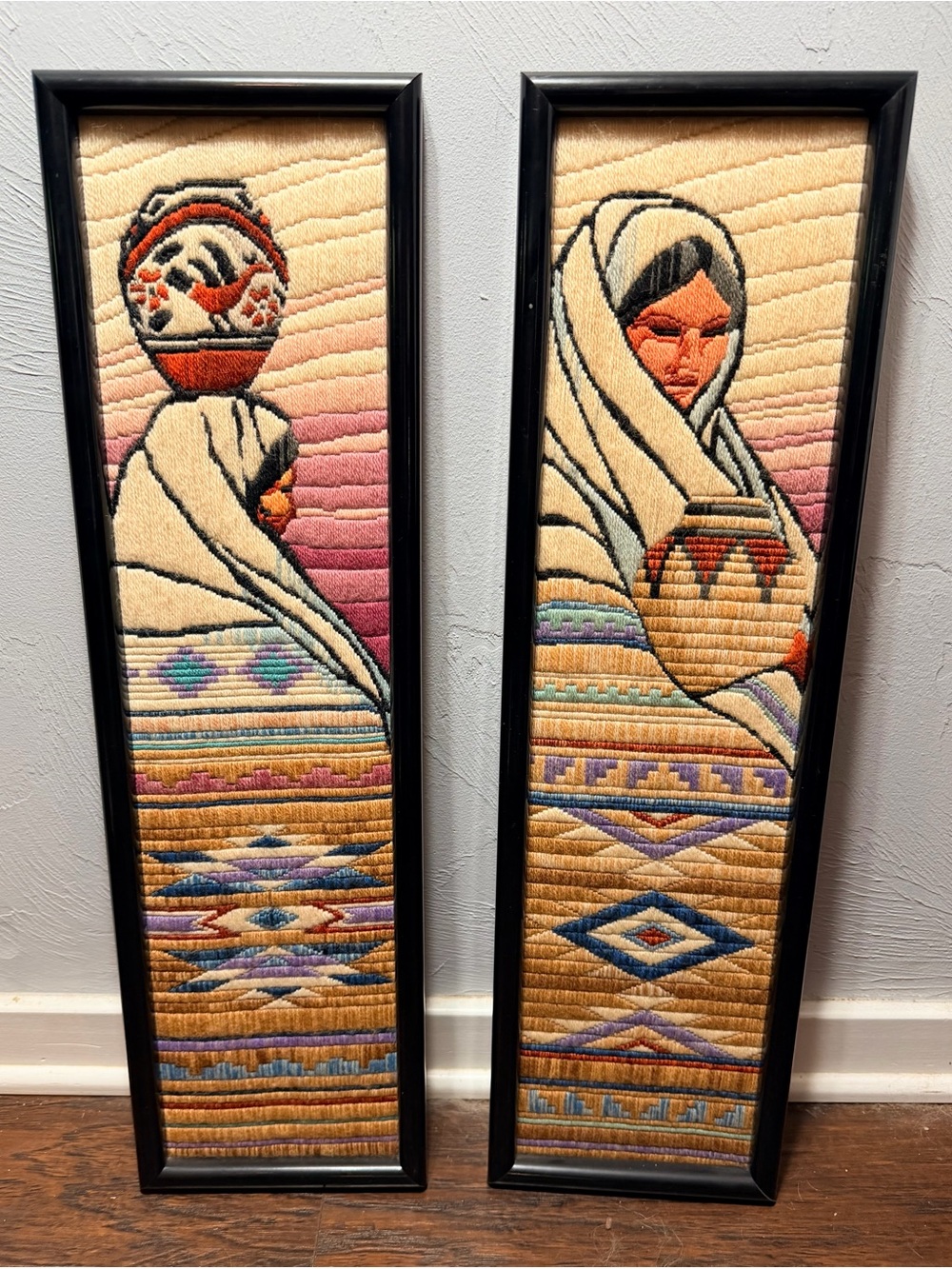 Vintage Handwoven Boho Wall Art Pair in Cream, Gold & Purple - Unbranded - Picture 2 of 7